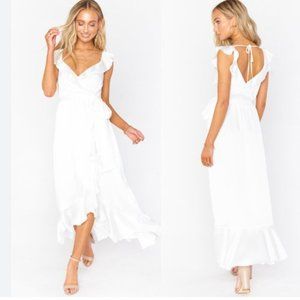 Show Me Your Mumu Samantha Ruffle Wrap Dress Size: L White Luxe Satin